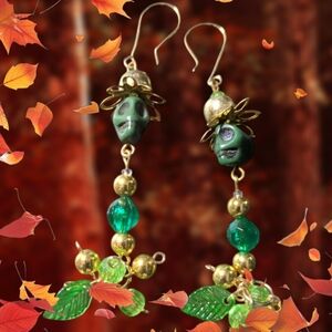 Green Long Skull and Beads custom Made Earrings